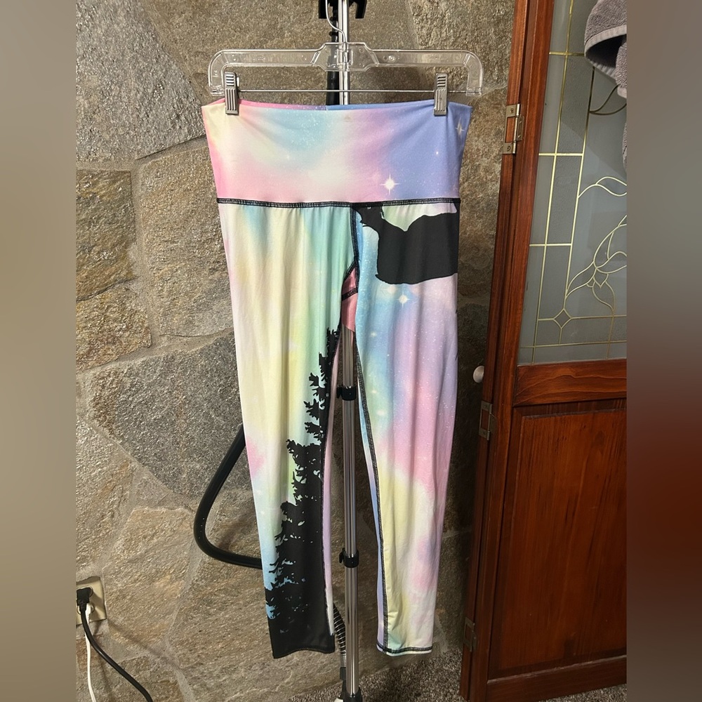 teeki Pastel Rainbow Aurora Leggings with Black Tree Silhouette